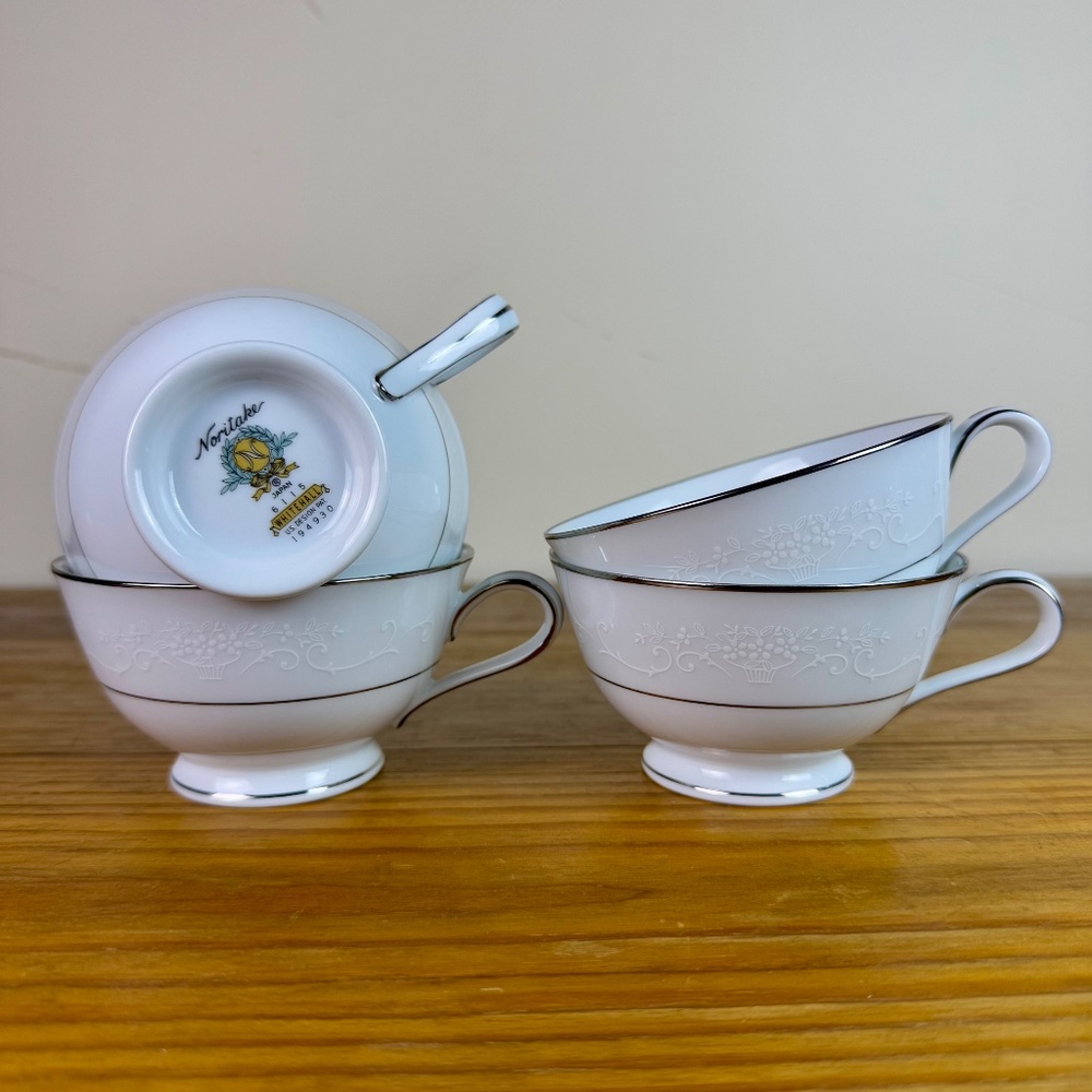 Noritake Whitehall 6115 Footed Teacups with Platinum Trim – Set of 4 - Picture 4 of 10